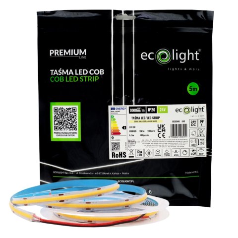 Taśma LED COB 480 9W/m 3000K 990lm/m 24V IP20 5m