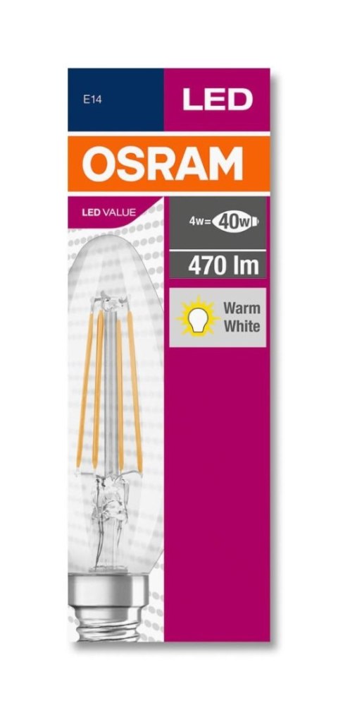 Żarówka LED E14 B35 4W = 40W 470lm 2700K Ciepła 300° Filament OSRAM Value
