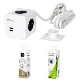 Przedłużacz 4 gniazda + 2 USB 2,1A/5V AURA line CUBE przewód 1,5m 16A Uchwyt montażowy